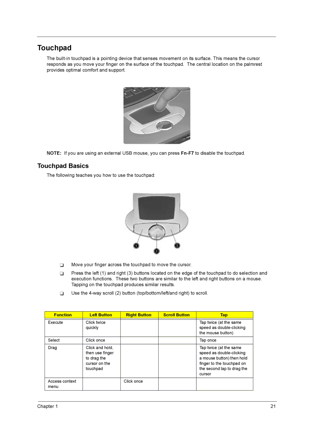 Acer 420 manual Touchpad Basics, Function Left Button Right Button Scroll Button Tap 