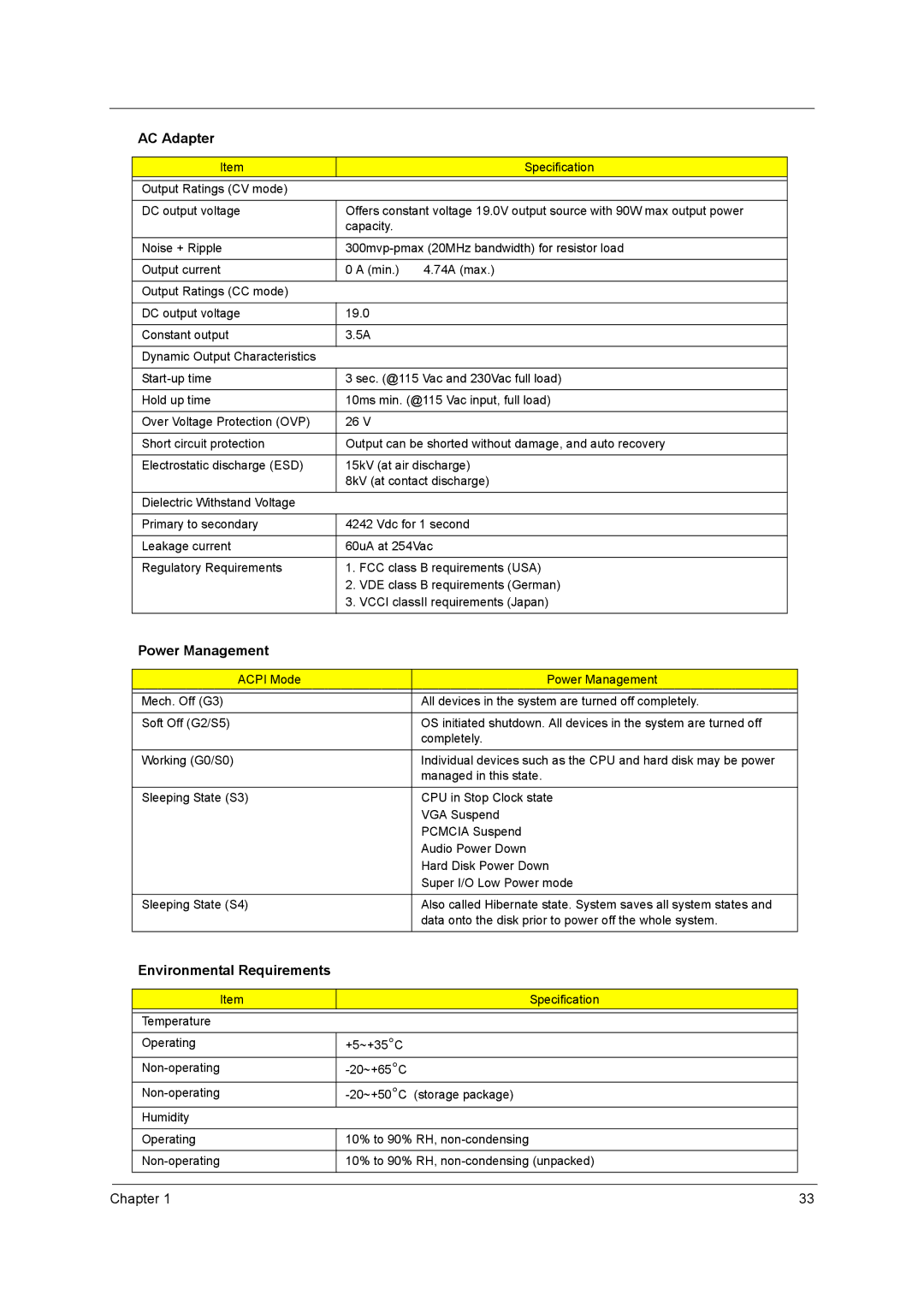 Acer 420 manual Power Management, Environmental Requirements 