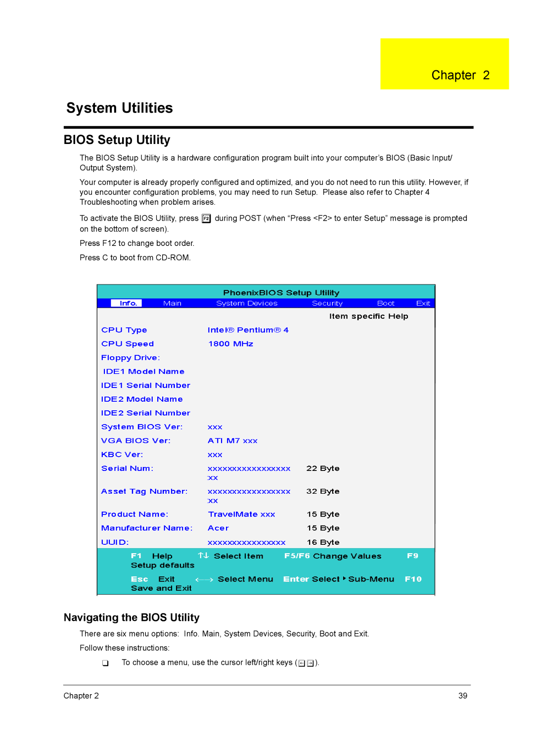 Acer 420 manual Bios Setup Utility, Navigating the Bios Utility 