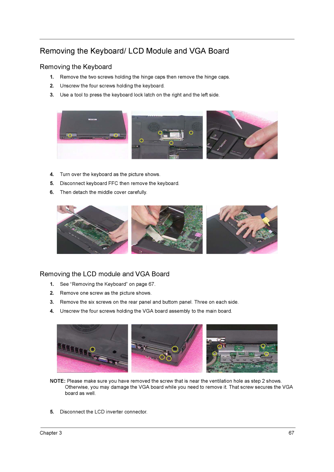 Acer 420 manual Removing the Keyboard/ LCD Module and VGA Board 