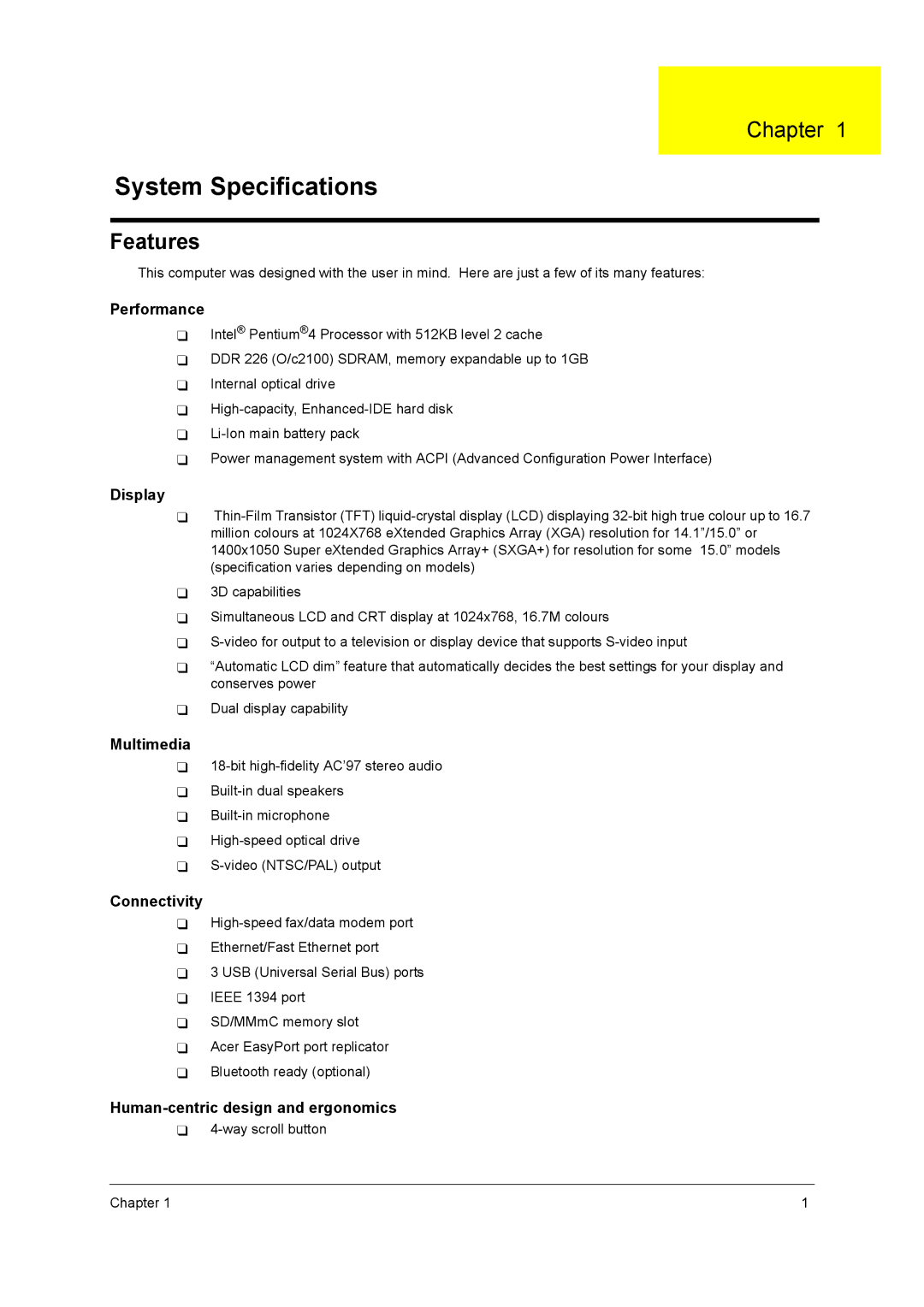 Acer 420 manual Features, Way scroll button Chapter 