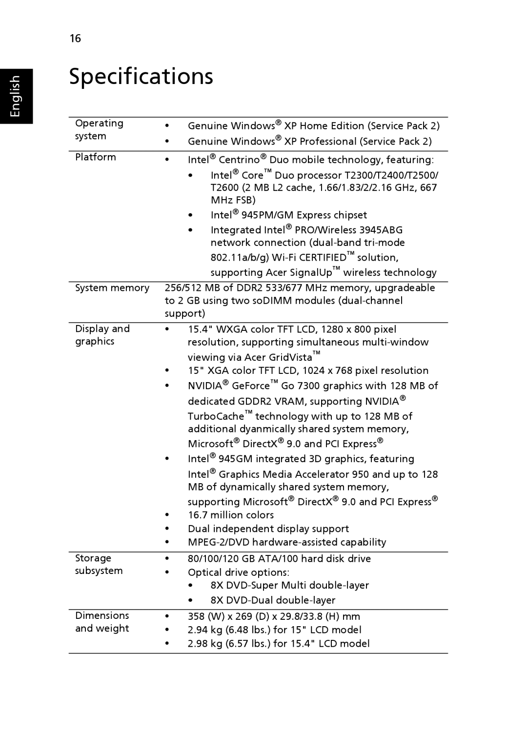 Acer 4200 Series manual Specifications 