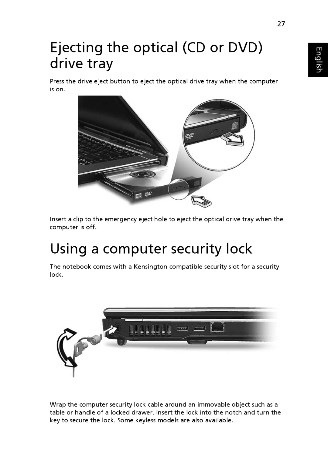 Acer 4200 Series manual Ejecting the optical CD or DVD drive tray, Using a computer security lock 