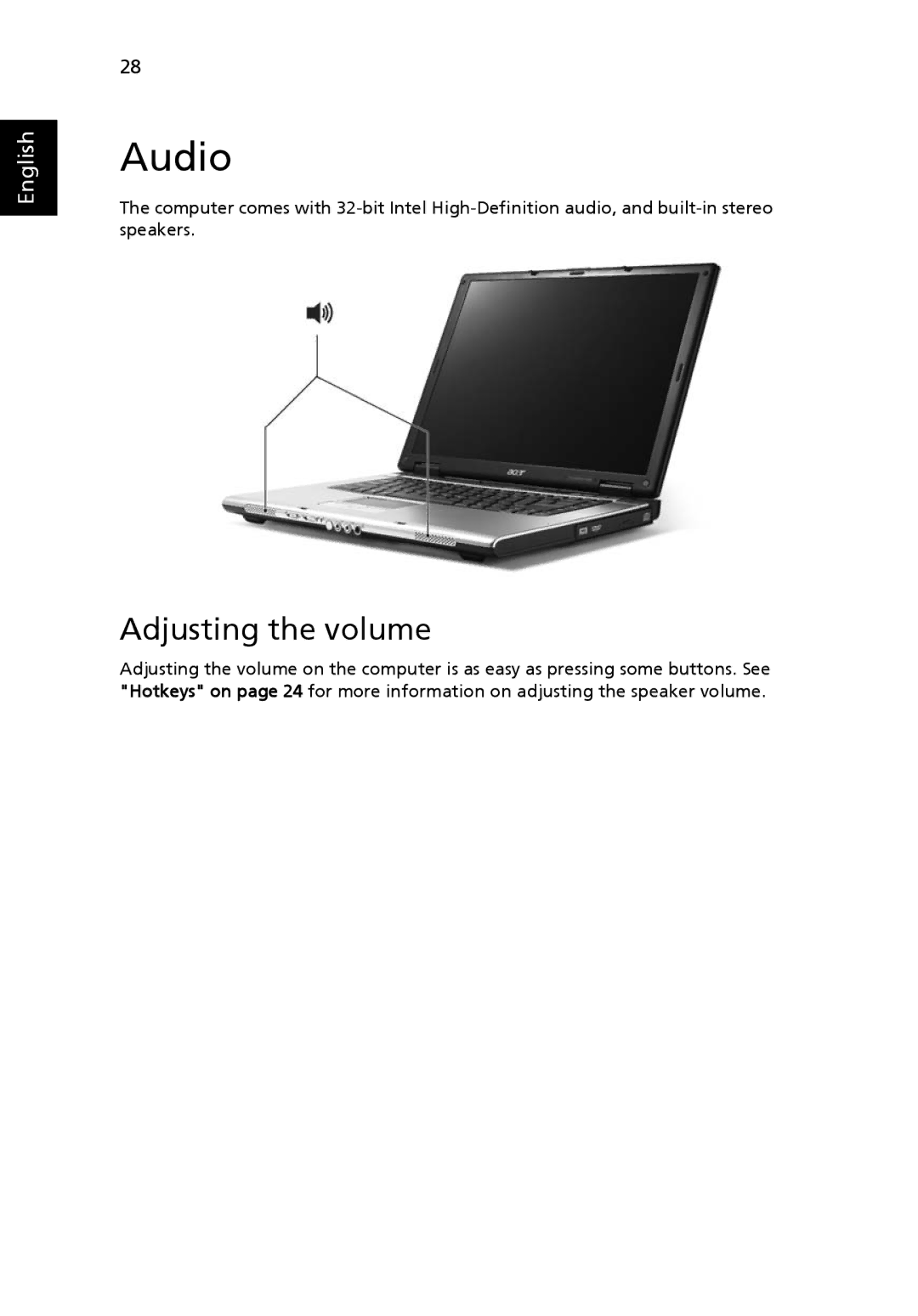 Acer 4200 Series manual Audio, Adjusting the volume 