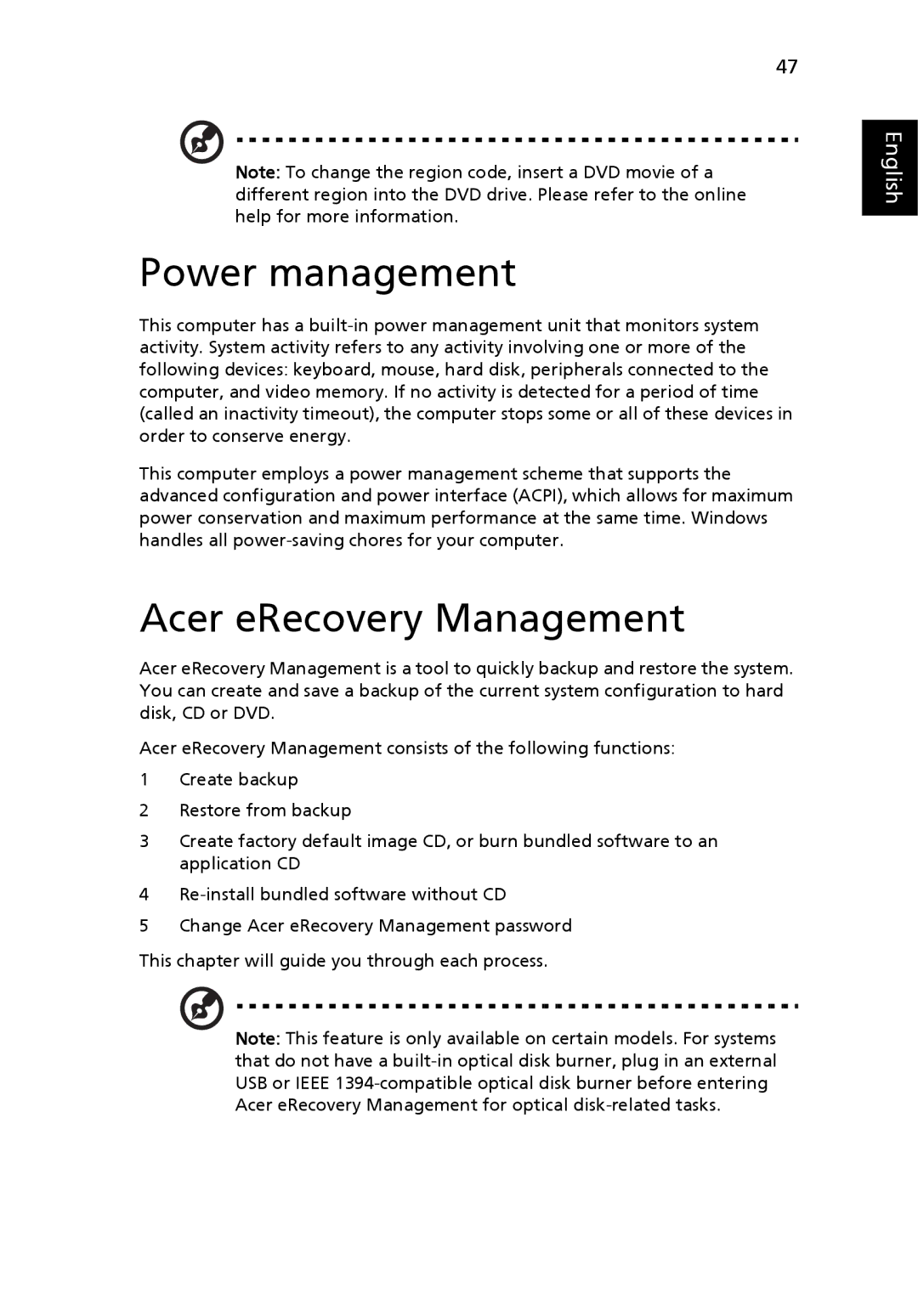 Acer 4200 Series manual Power management, Acer eRecovery Management 