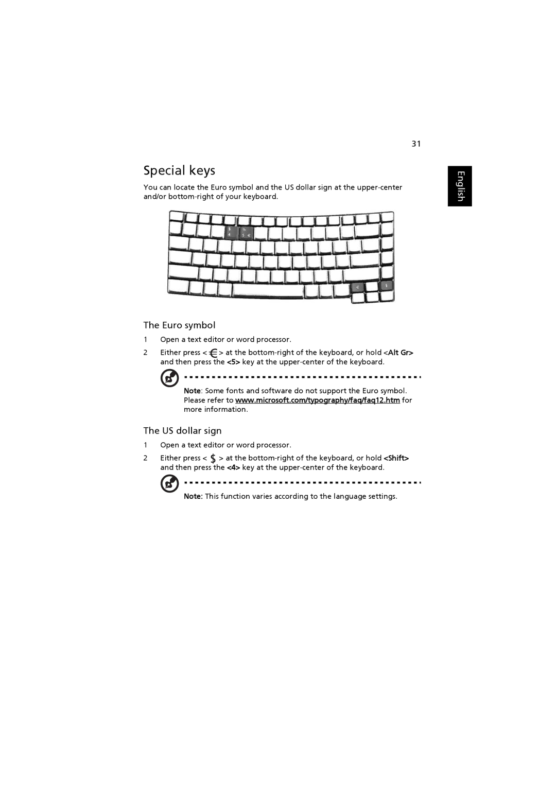 Acer 2480, 4220 manual Special keys, Euro symbol, US dollar sign 