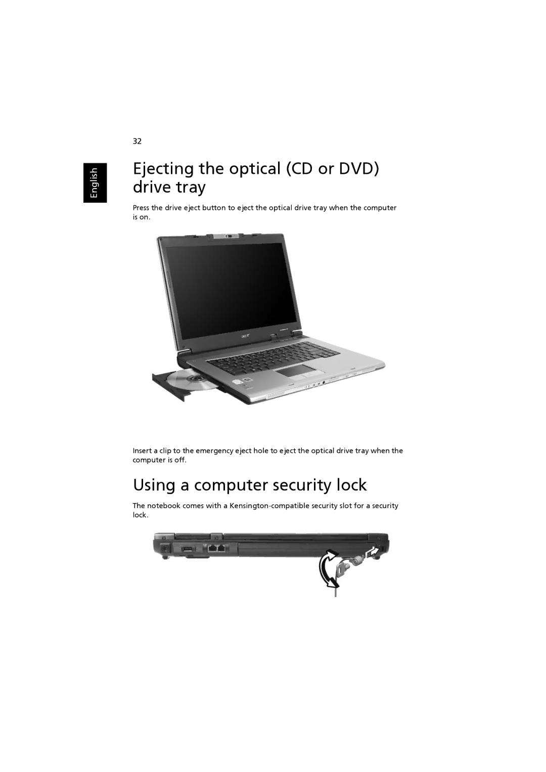 Acer 4220, 2480 manual Ejecting the optical CD or DVD drive tray, Using a computer security lock 