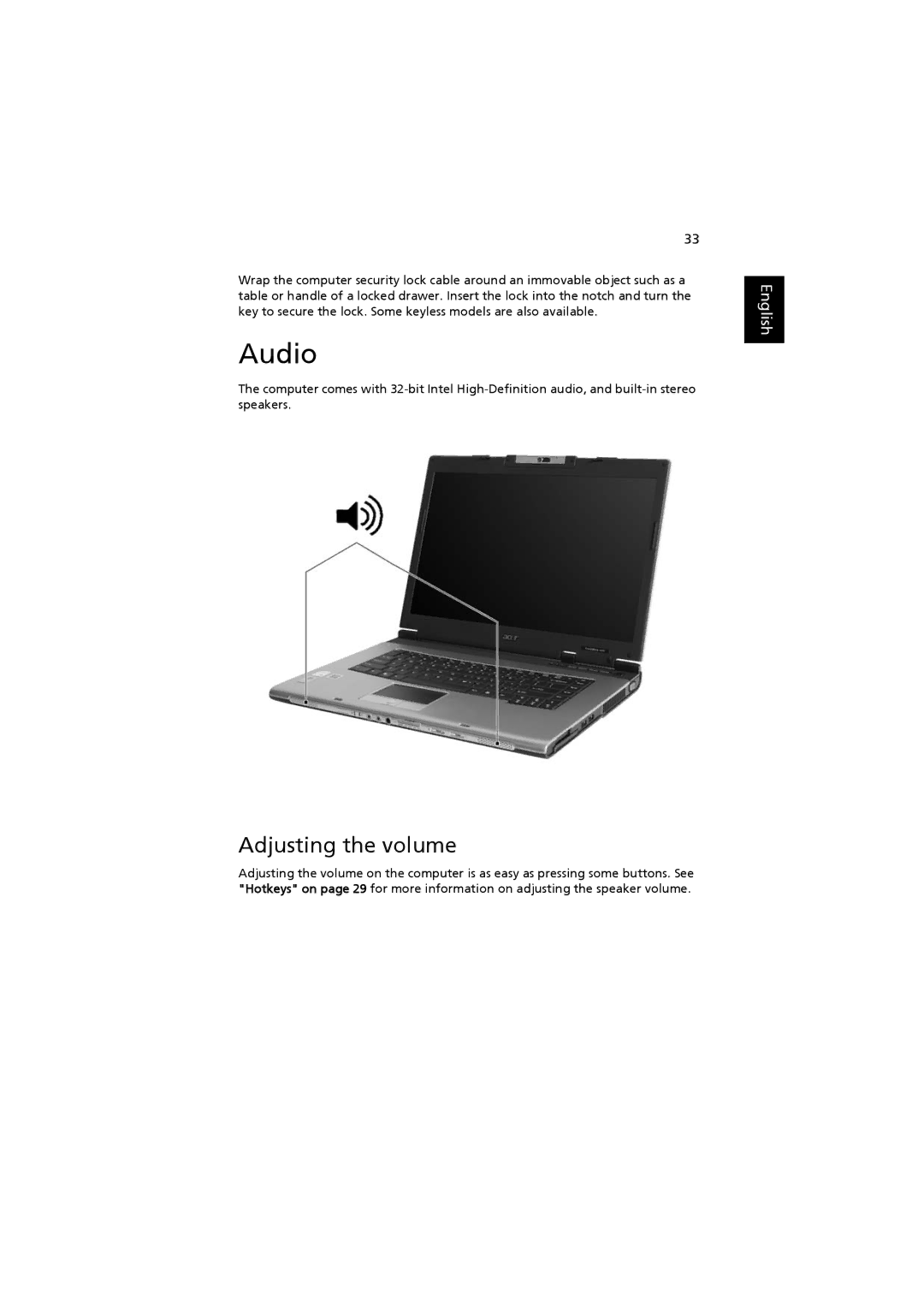 Acer 2480, 4220 manual Audio, Adjusting the volume 