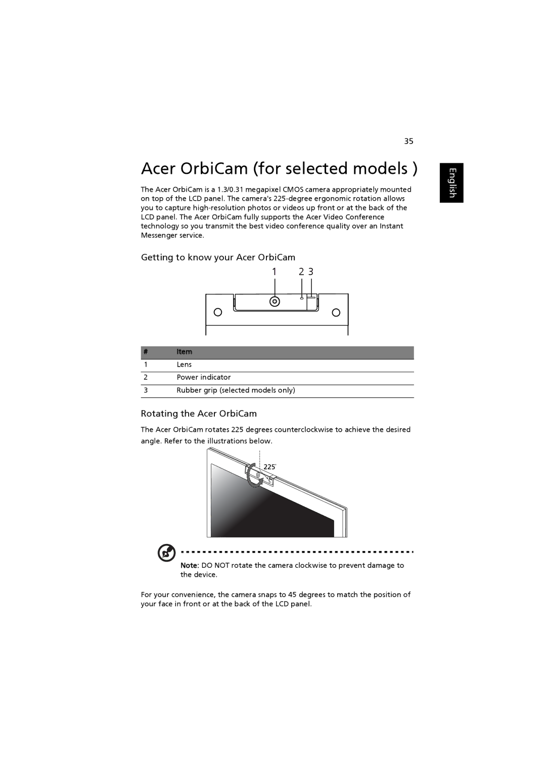 Acer 2480, 4220 Acer OrbiCam for selected models, Getting to know your Acer OrbiCam, Rotating the Acer OrbiCam, # Item 