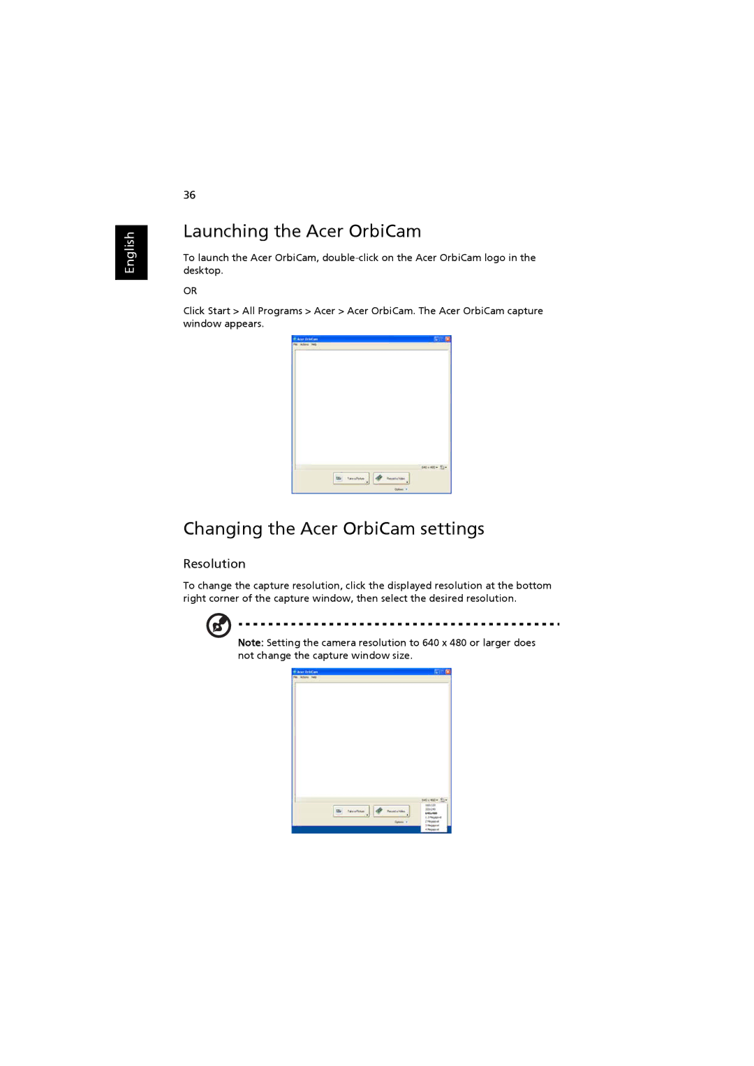 Acer 4220, 2480 manual Launching the Acer OrbiCam, Changing the Acer OrbiCam settings, Resolution 