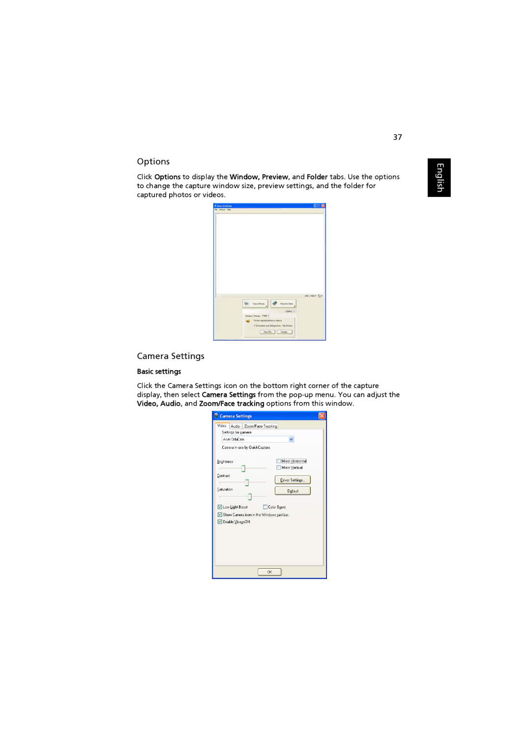 Acer 2480, 4220 manual Options, Camera Settings, Basic settings 