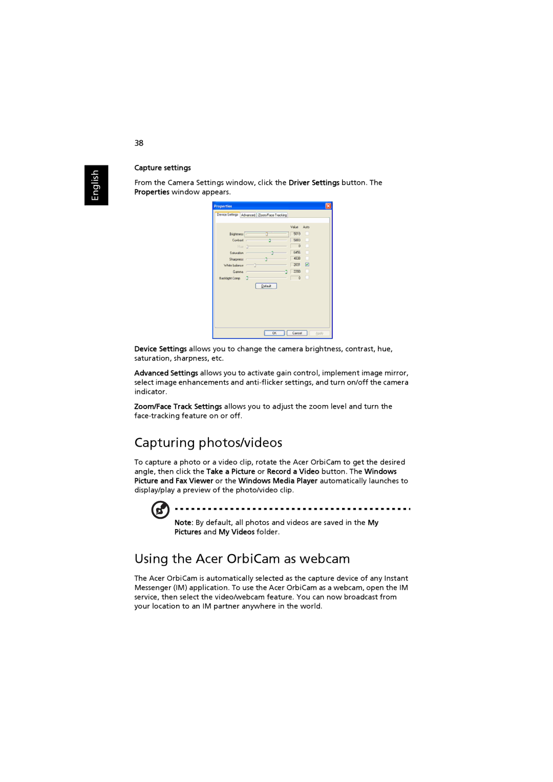 Acer 4220, 2480 Capturing photos/videos, Using the Acer OrbiCam as webcam, Capture settings, Pictures and My Videos folder 