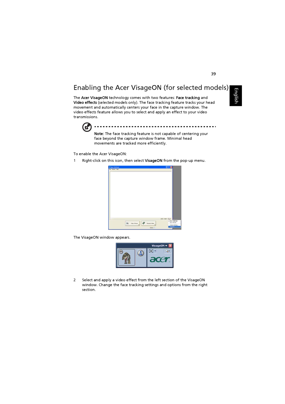 Acer 2480, 4220 manual Enabling the Acer VisageON for selected models 