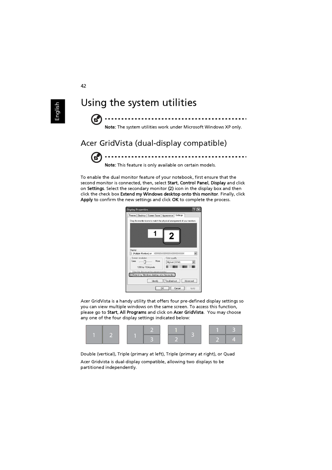 Acer 4220, 2480 manual Using the system utilities, Acer GridVista dual-display compatible 