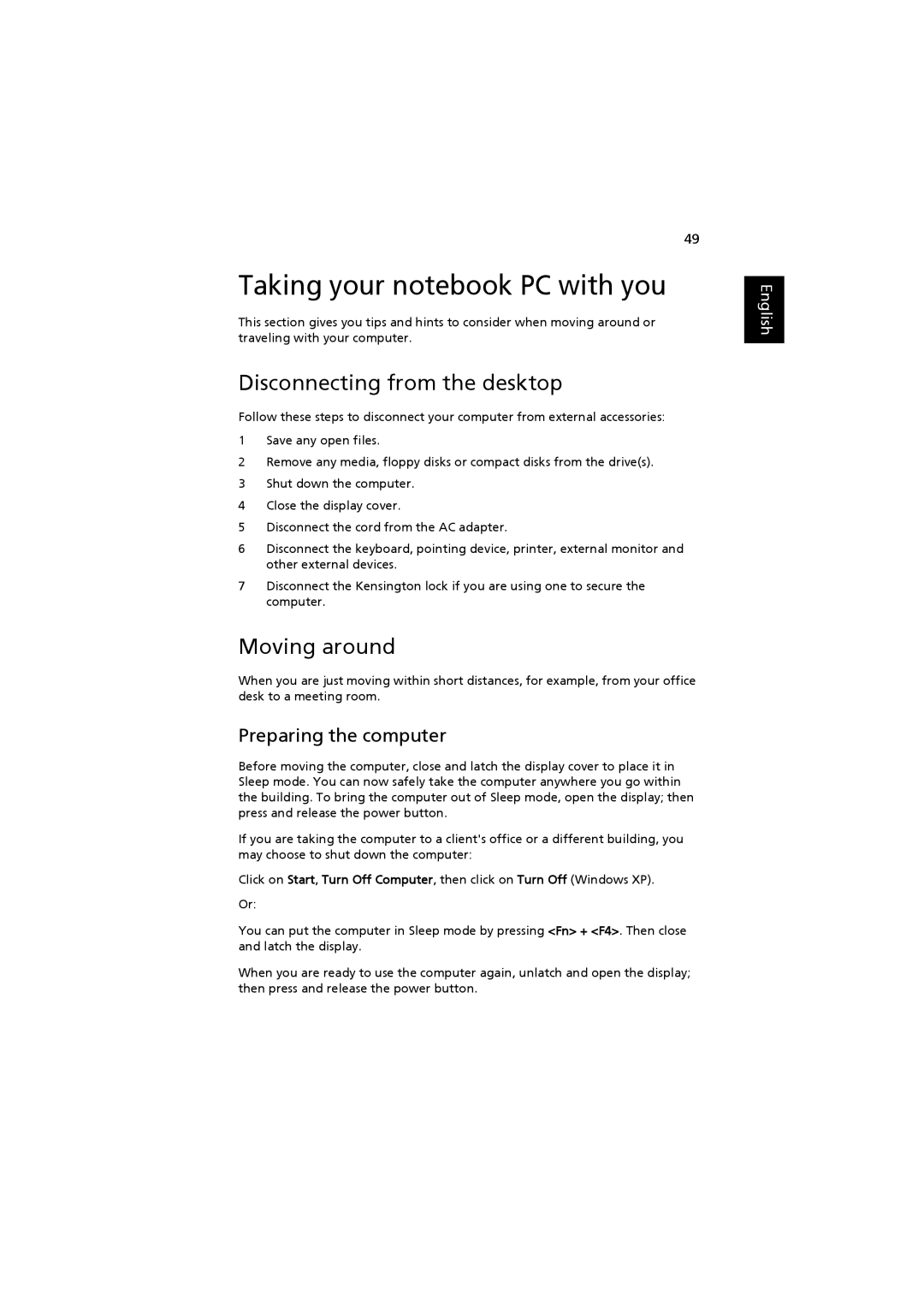 Acer 2480, 4220 Taking your notebook PC with you, Disconnecting from the desktop, Moving around, Preparing the computer 