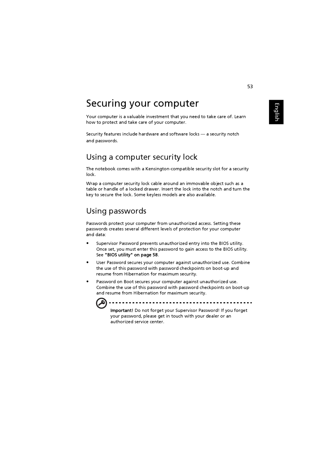 Acer 2480, 4220 manual Securing your computer, Using a computer security lock, Using passwords 