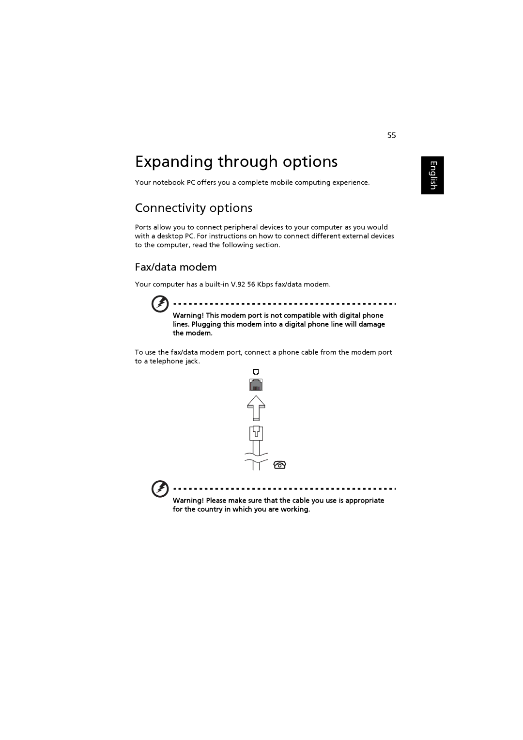 Acer 2480, 4220 manual Expanding through options, Connectivity options, Fax/data modem 