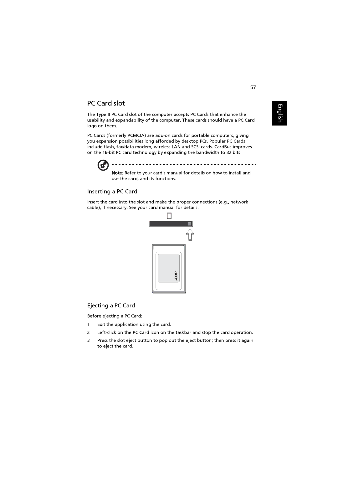 Acer 2480, 4220 manual PC Card slot, Inserting a PC Card, Ejecting a PC Card 