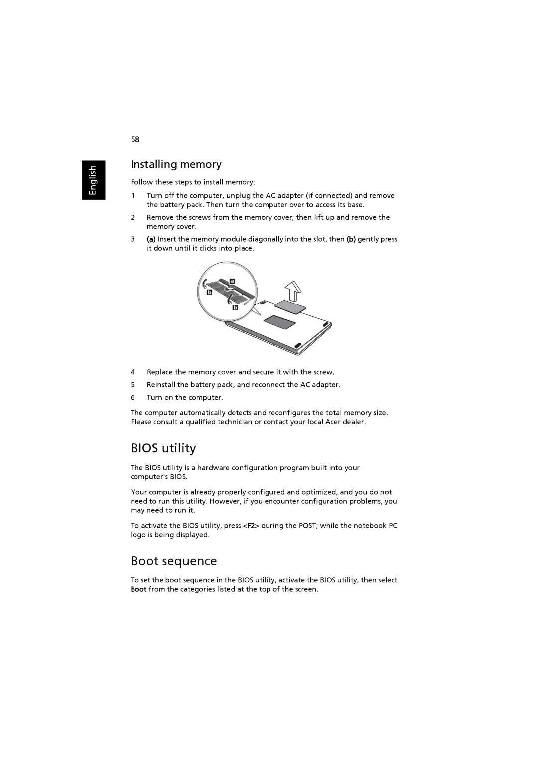 Acer 4220, 2480 manual Bios utility, Boot sequence, Installing memory 