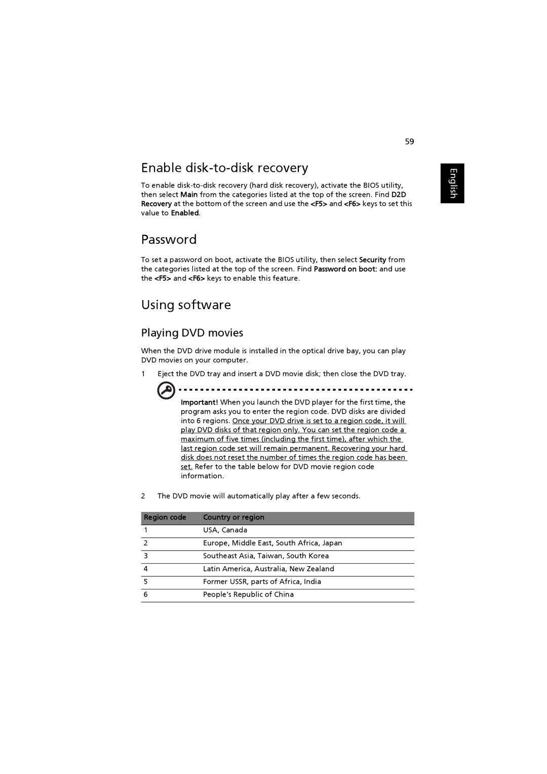 Acer 2480, 4220 Enable disk-to-disk recovery, Password, Using software, Playing DVD movies, Region code Country or region 