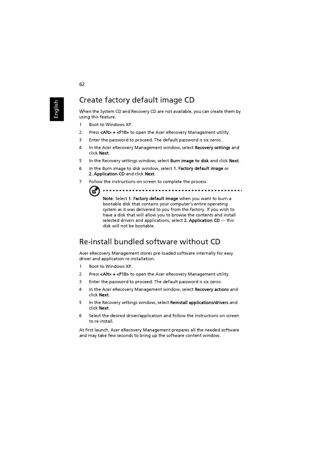 Acer 4220, 2480 manual Create factory default image CD, Re-install bundled software without CD 