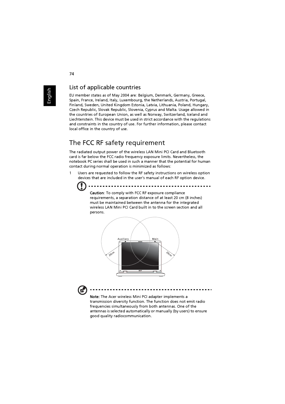 Acer 4220, 2480 manual FCC RF safety requirement, List of applicable countries 