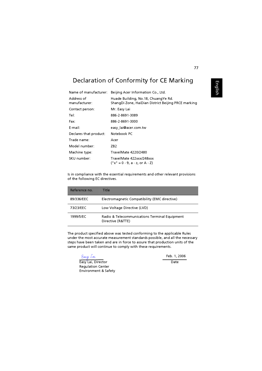 Acer 2480, 4220 manual Declaration of Conformity for CE Marking 