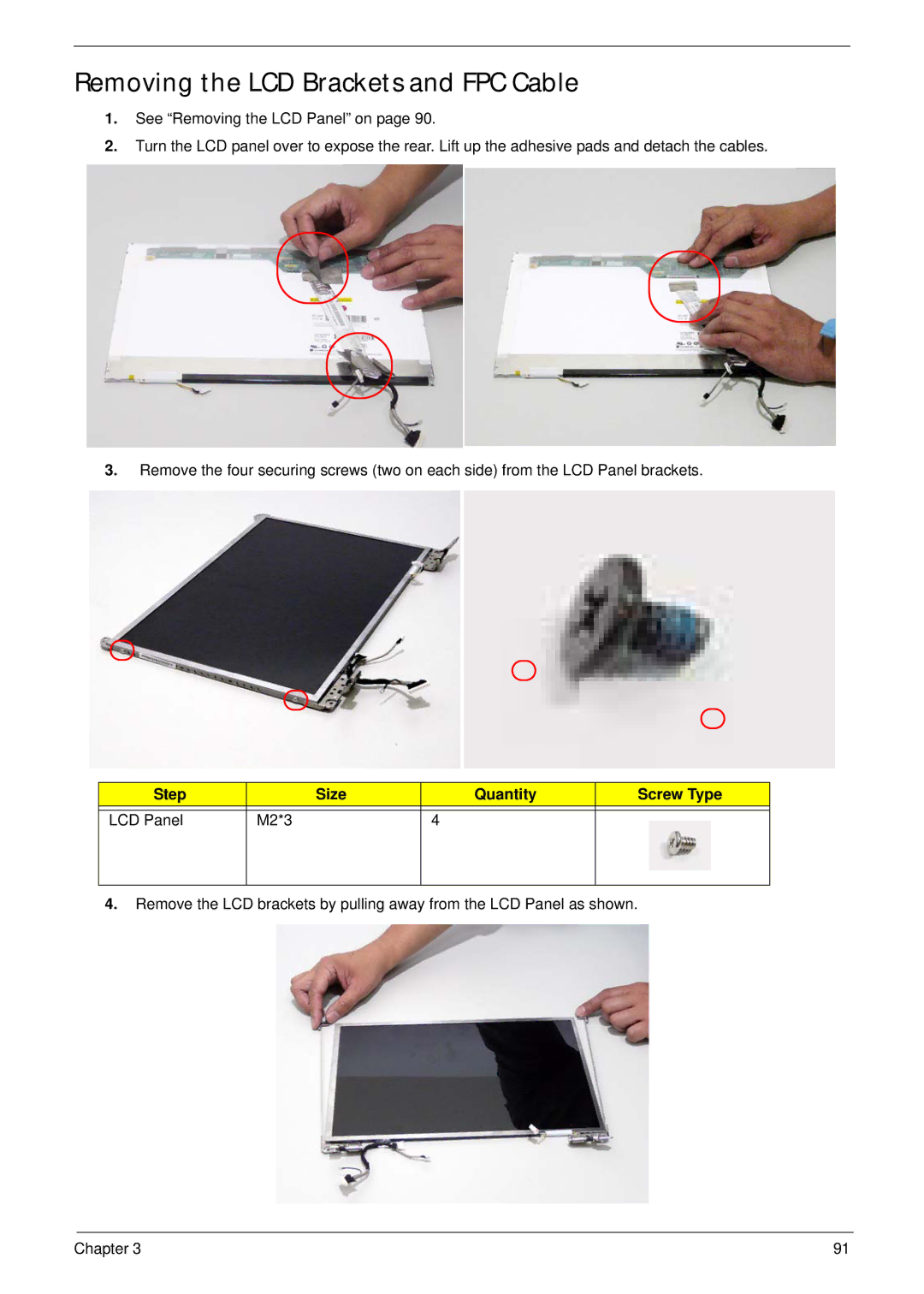 Acer 4230 manual Removing the LCD Brackets and FPC Cable, Step Size Quantity Screw Type LCD Panel M2*3 