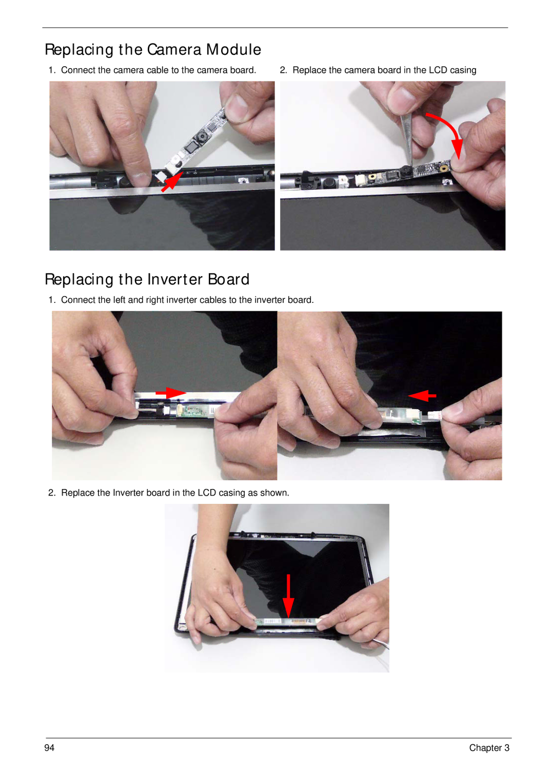Acer 4230 manual Replacing the Camera Module, Replacing the Inverter Board 