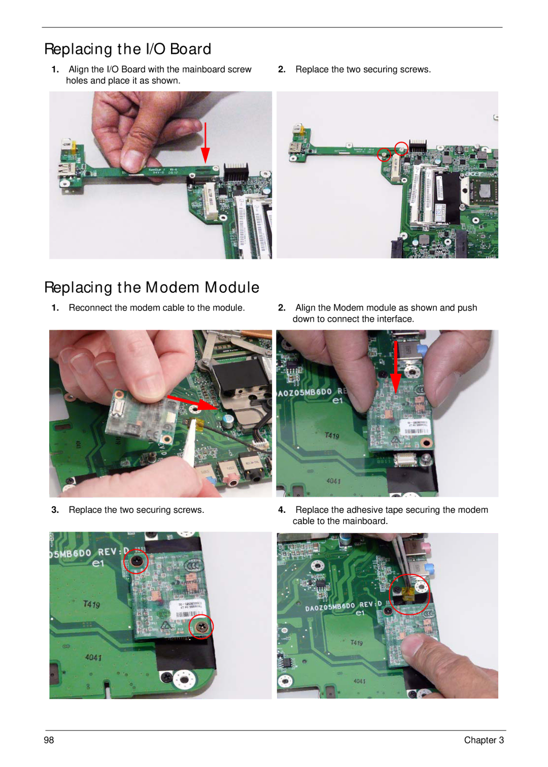 Acer 4230 manual Replacing the I/O Board, Replacing the Modem Module 