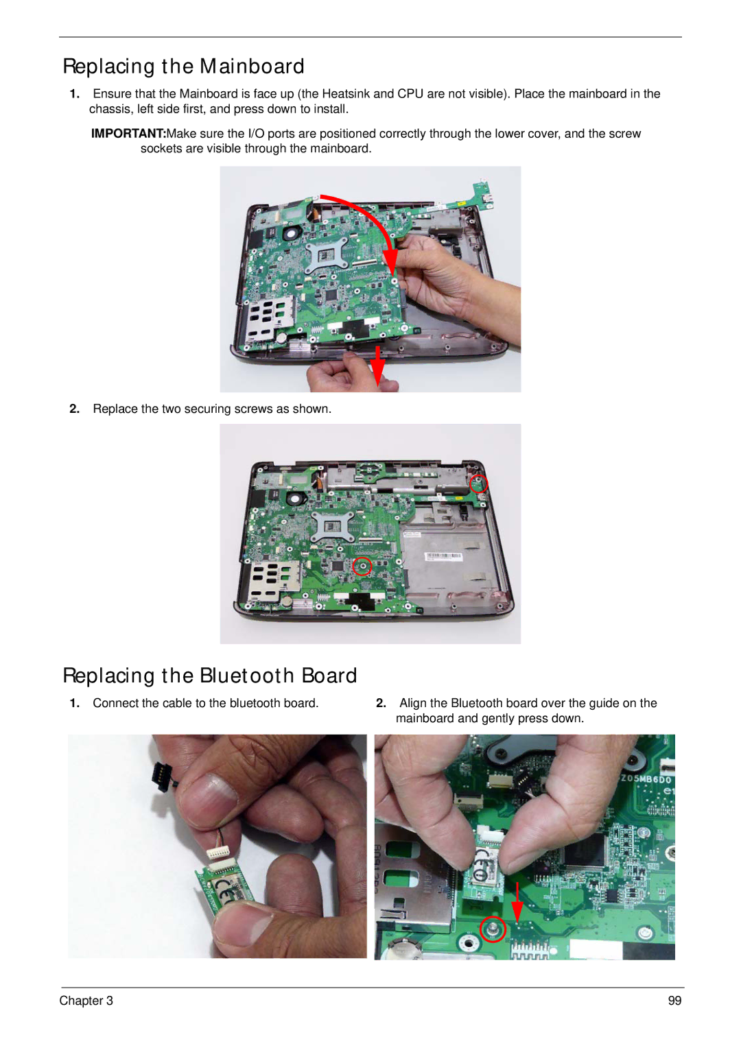 Acer 4230 manual Replacing the Mainboard, Replacing the Bluetooth Board 