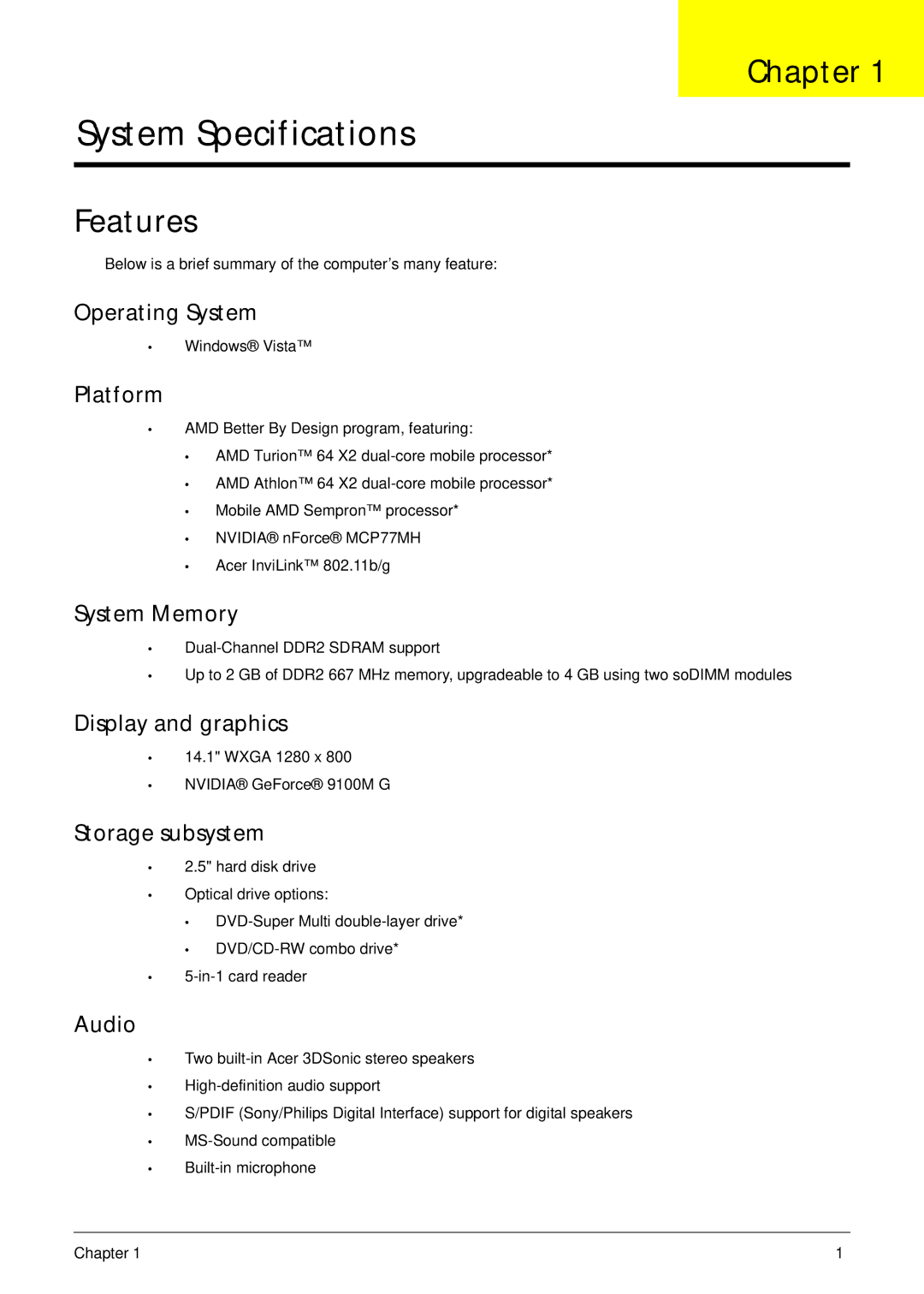 Acer 4230 manual Chapter, Features 