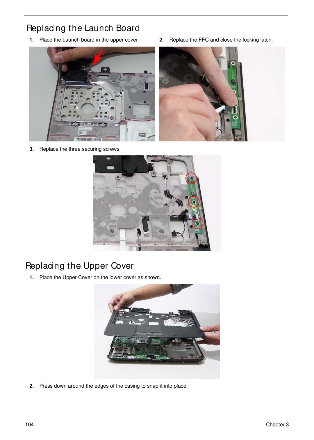 Acer 4230 manual Replacing the Launch Board, Replacing the Upper Cover 