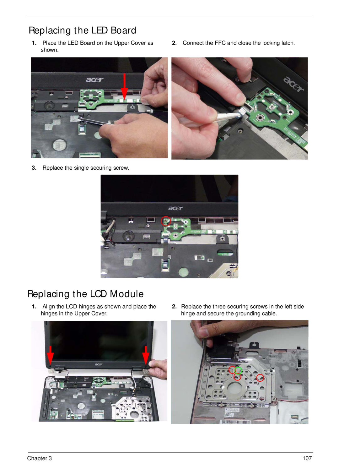 Acer 4230 manual Replacing the LED Board, Replacing the LCD Module 