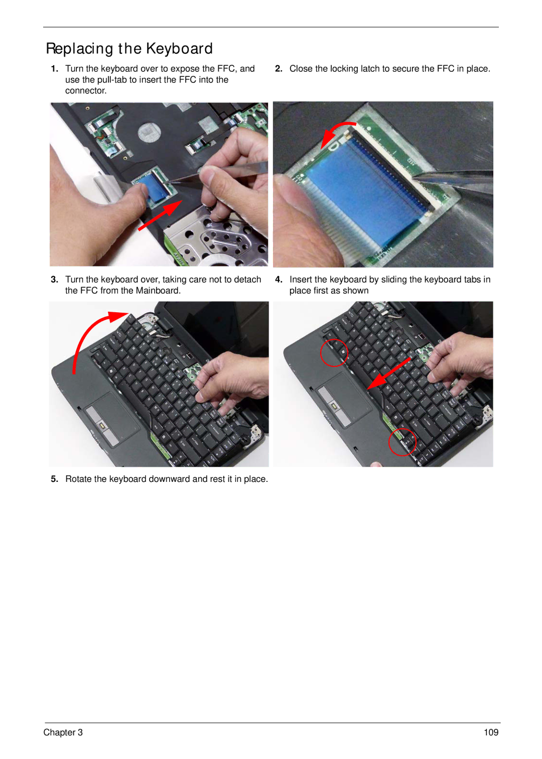 Acer 4230 manual Replacing the Keyboard 