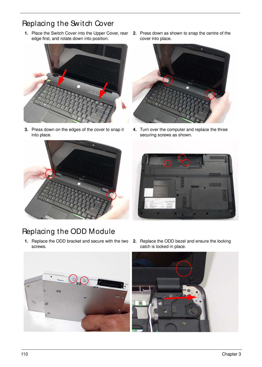 Acer 4230 manual Replacing the Switch Cover, Replacing the ODD Module 