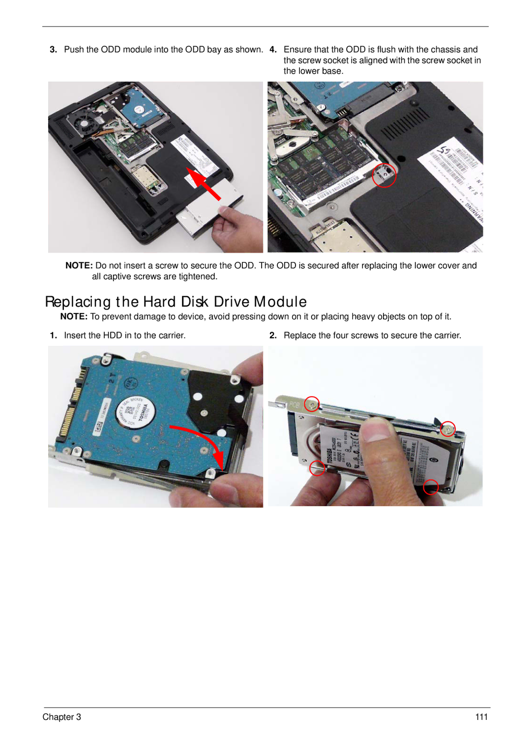 Acer 4230 manual Replacing the Hard Disk Drive Module, Insert the HDD in to the carrier 