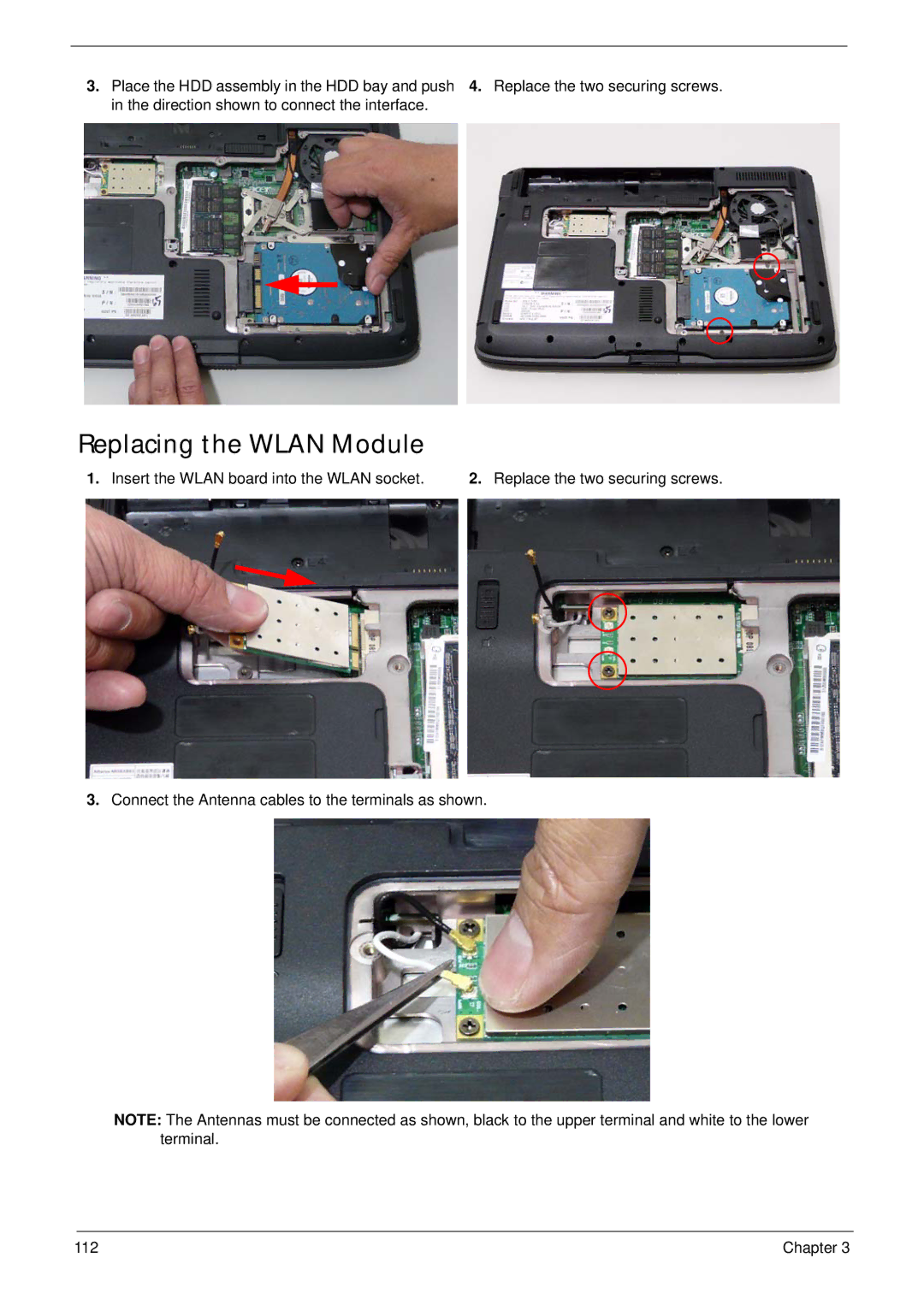 Acer 4230 manual Replacing the Wlan Module, Insert the Wlan board into the Wlan socket 