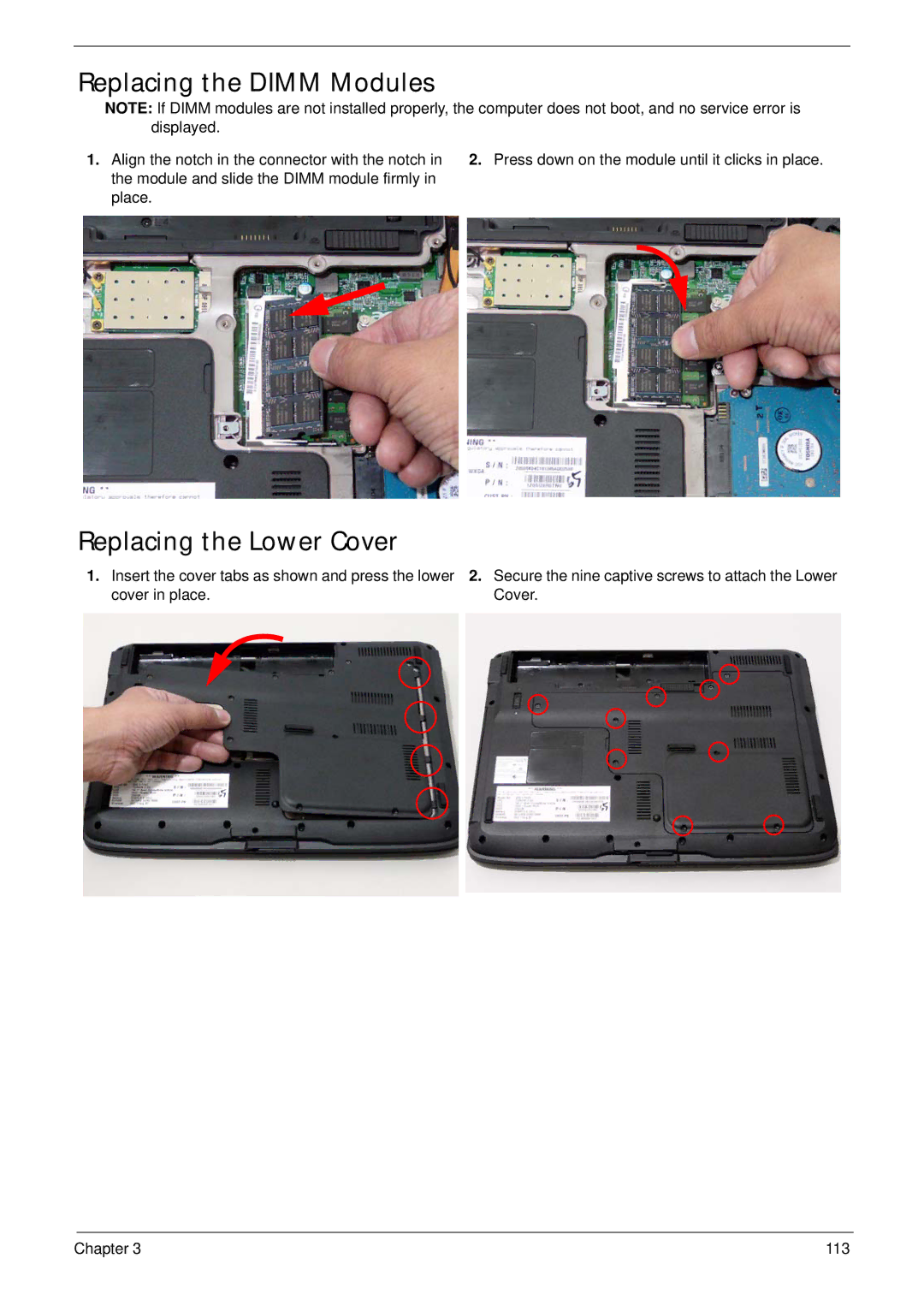 Acer 4230 manual Replacing the Dimm Modules, Replacing the Lower Cover 