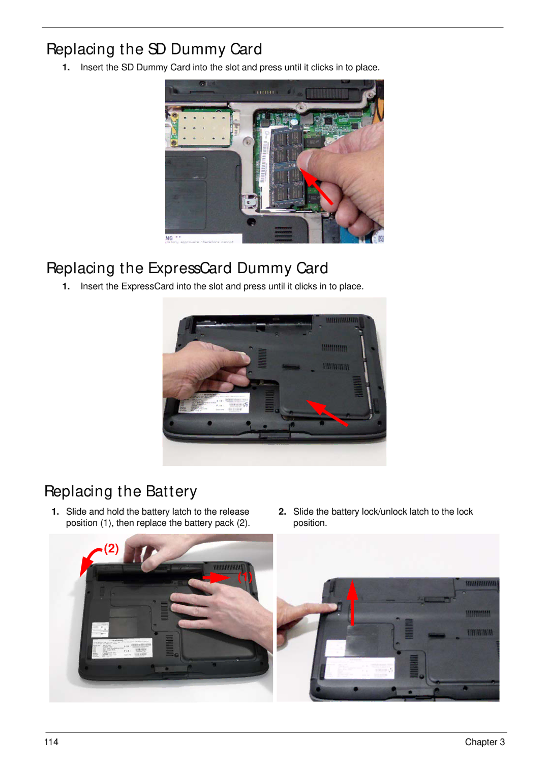 Acer 4230 manual Replacing the SD Dummy Card, Replacing the ExpressCard Dummy Card, Replacing the Battery 