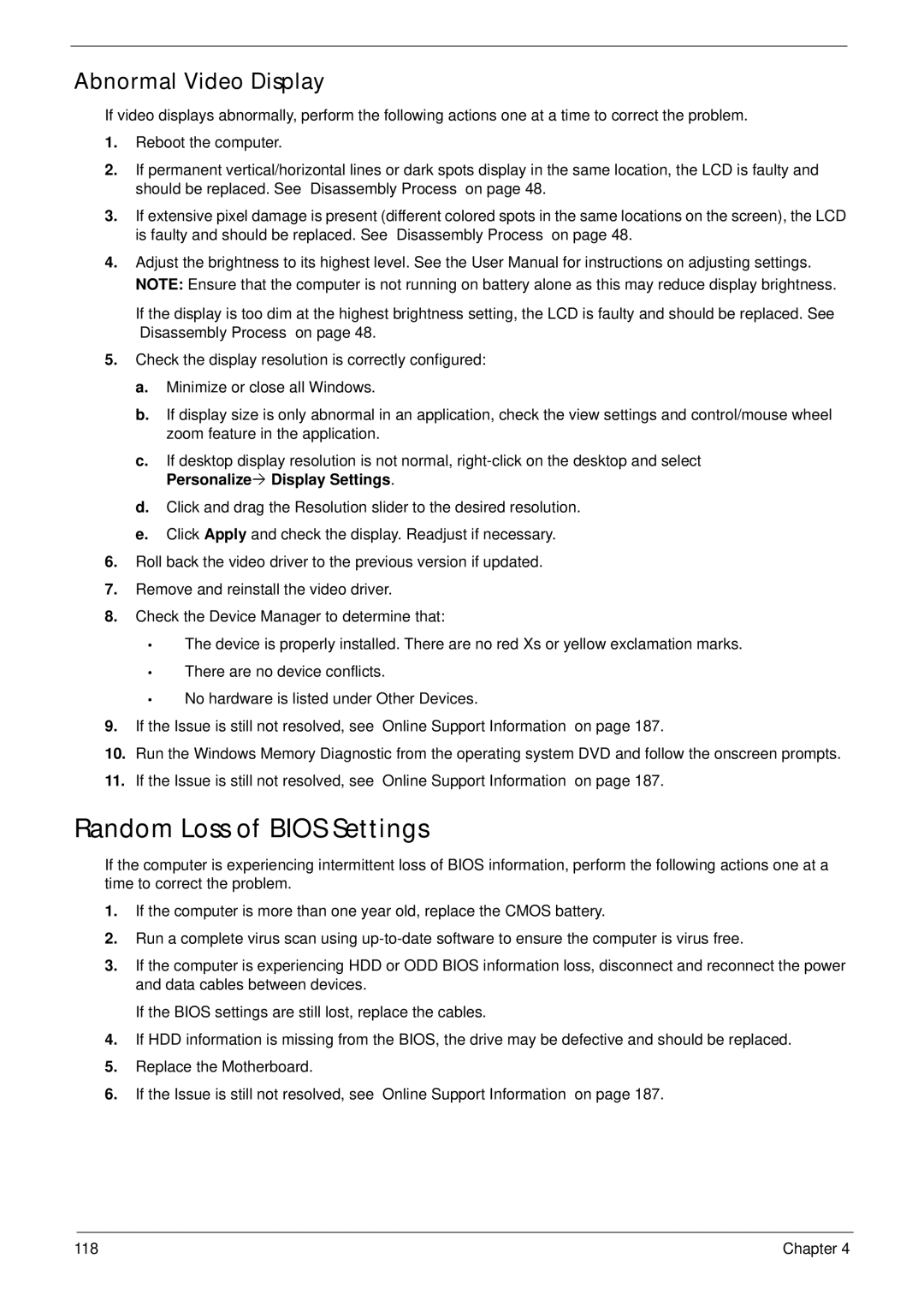 Acer 4230 manual Random Loss of Bios Settings, Abnormal Video Display 