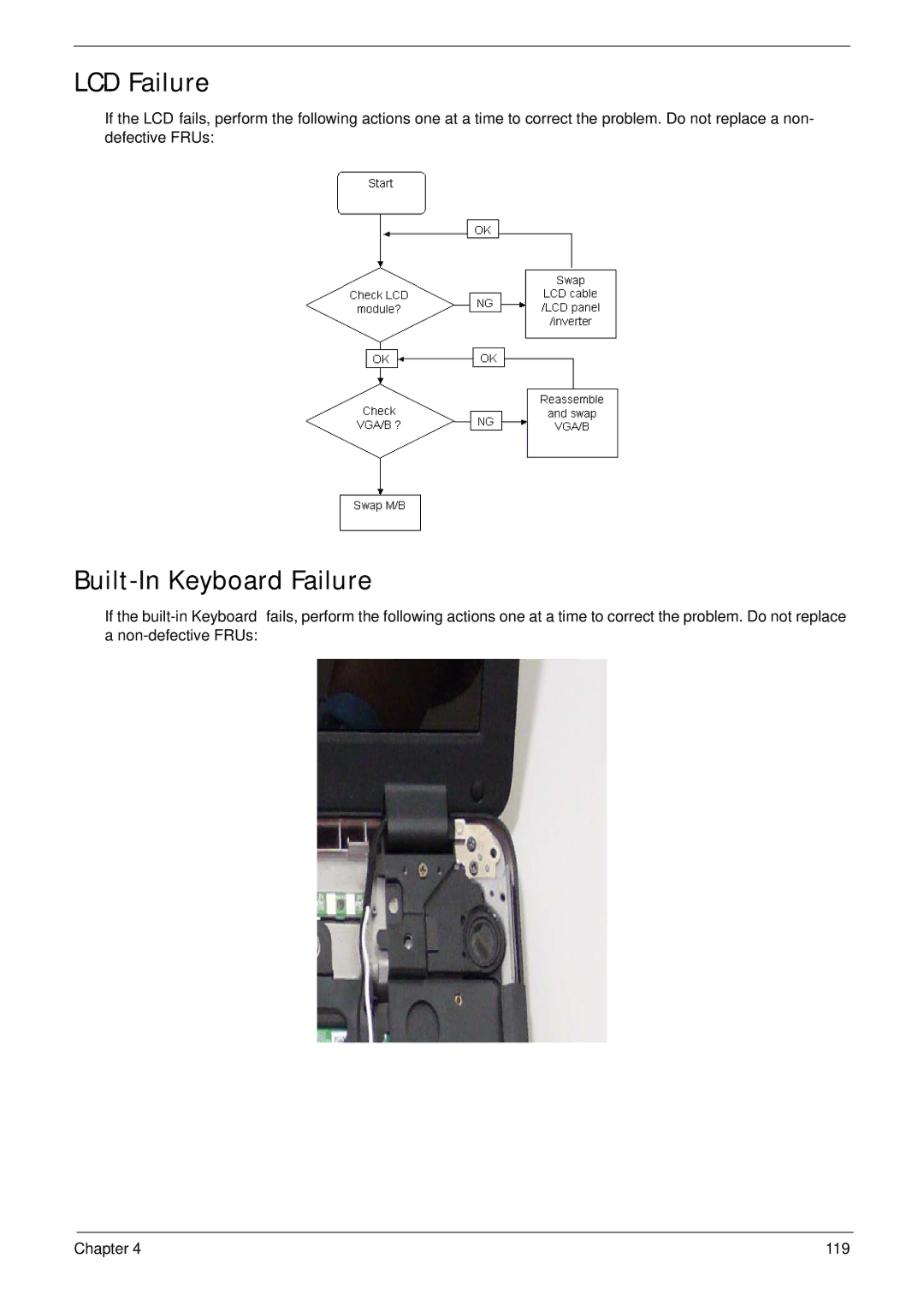 Acer 4230 manual LCD Failure, Built-In Keyboard Failure 