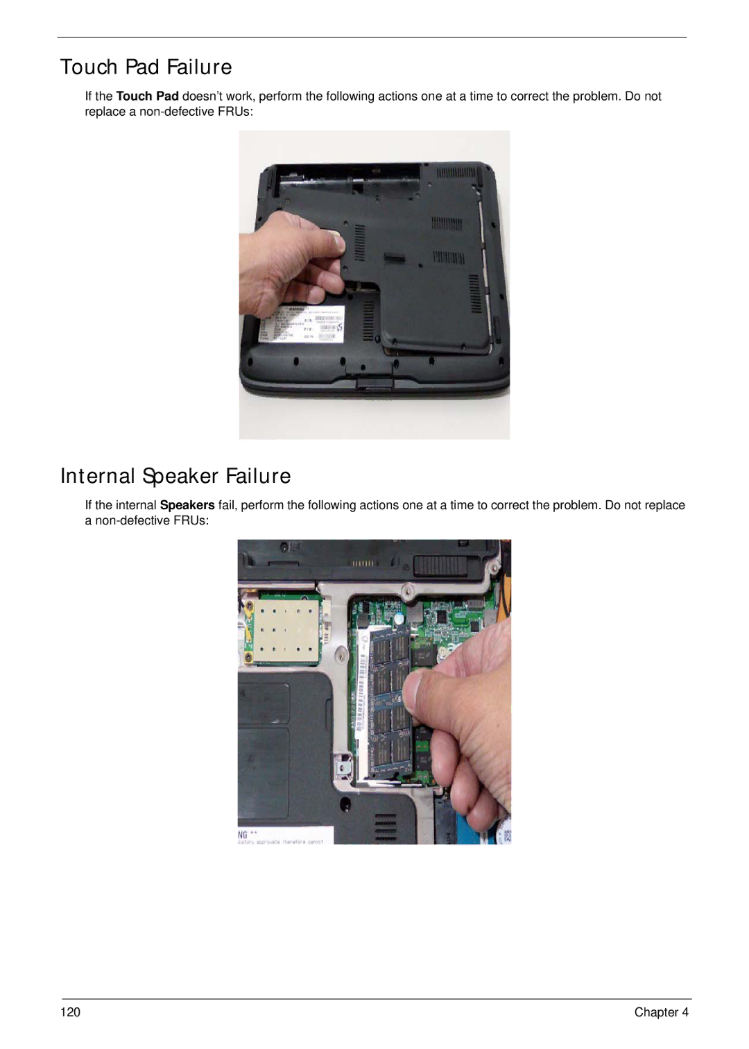 Acer 4230 manual Touch Pad Failure, Internal Speaker Failure 