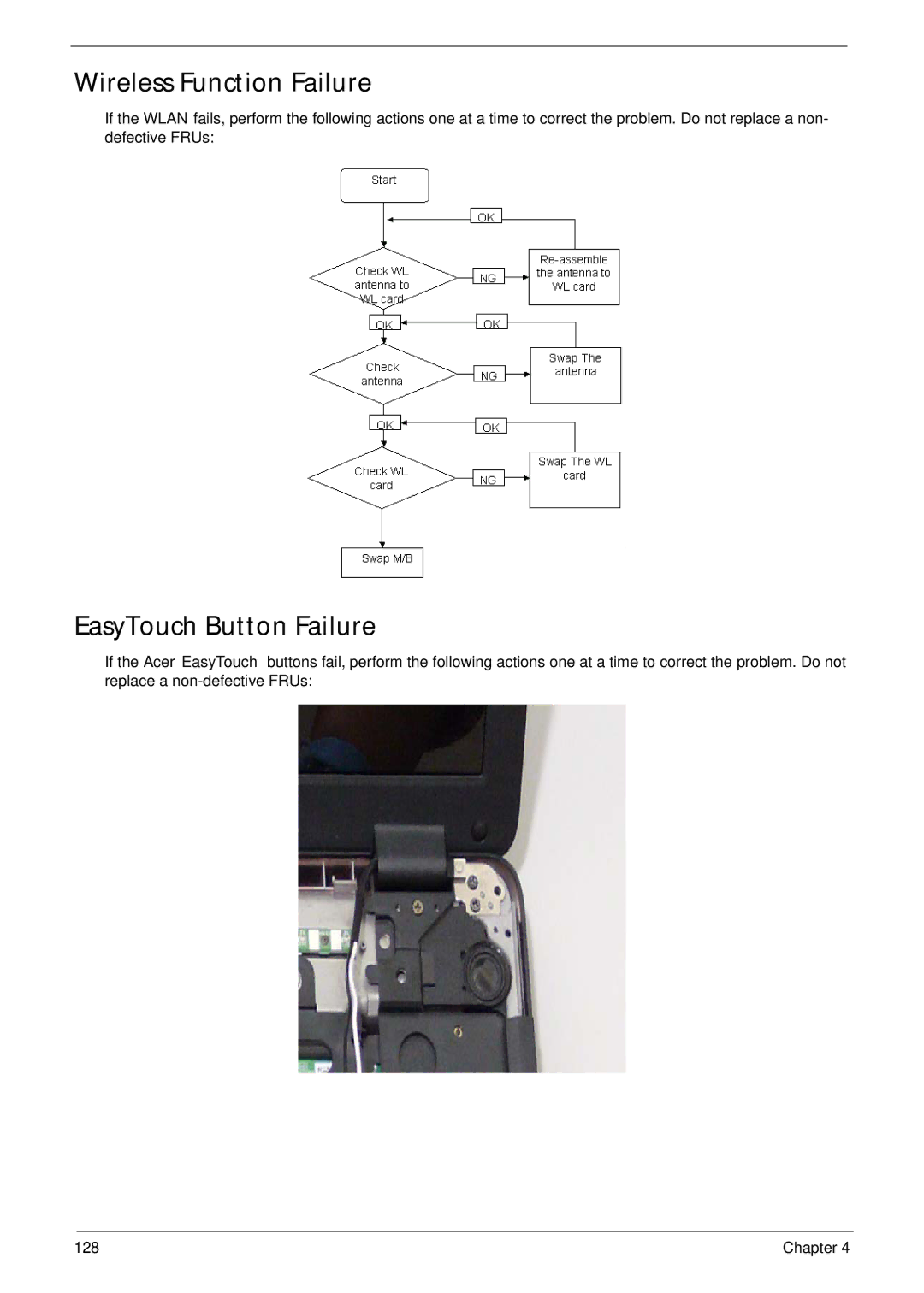 Acer 4230 manual Wireless Function Failure, EasyTouch Button Failure 