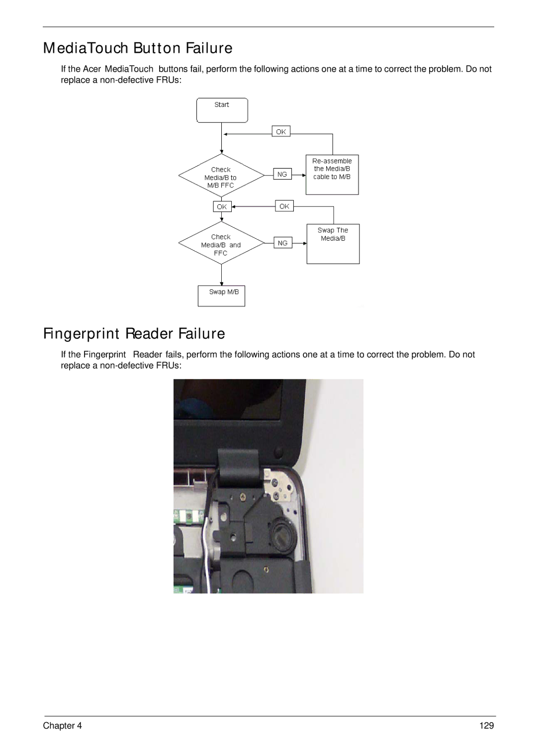 Acer 4230 manual MediaTouch Button Failure, Fingerprint Reader Failure 