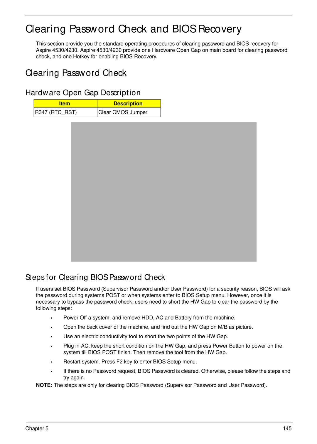 Acer 4230 Clearing Password Check and Bios Recovery, Hardware Open Gap Description, Steps for Clearing Bios Password Check 