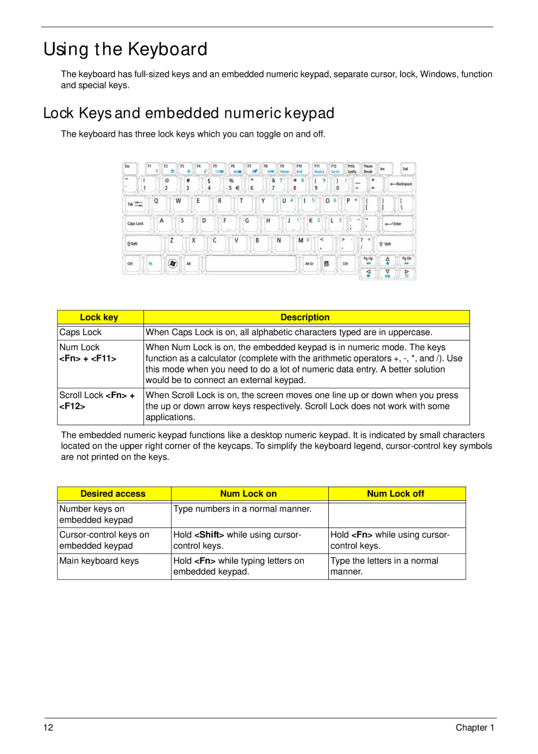 Acer 4230 manual Using the Keyboard, Lock Keys and embedded numeric keypad 