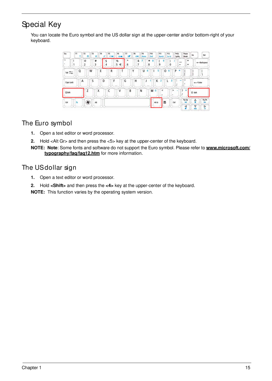 Acer 4230 manual Special Key, Euro symbol, US dollar sign 