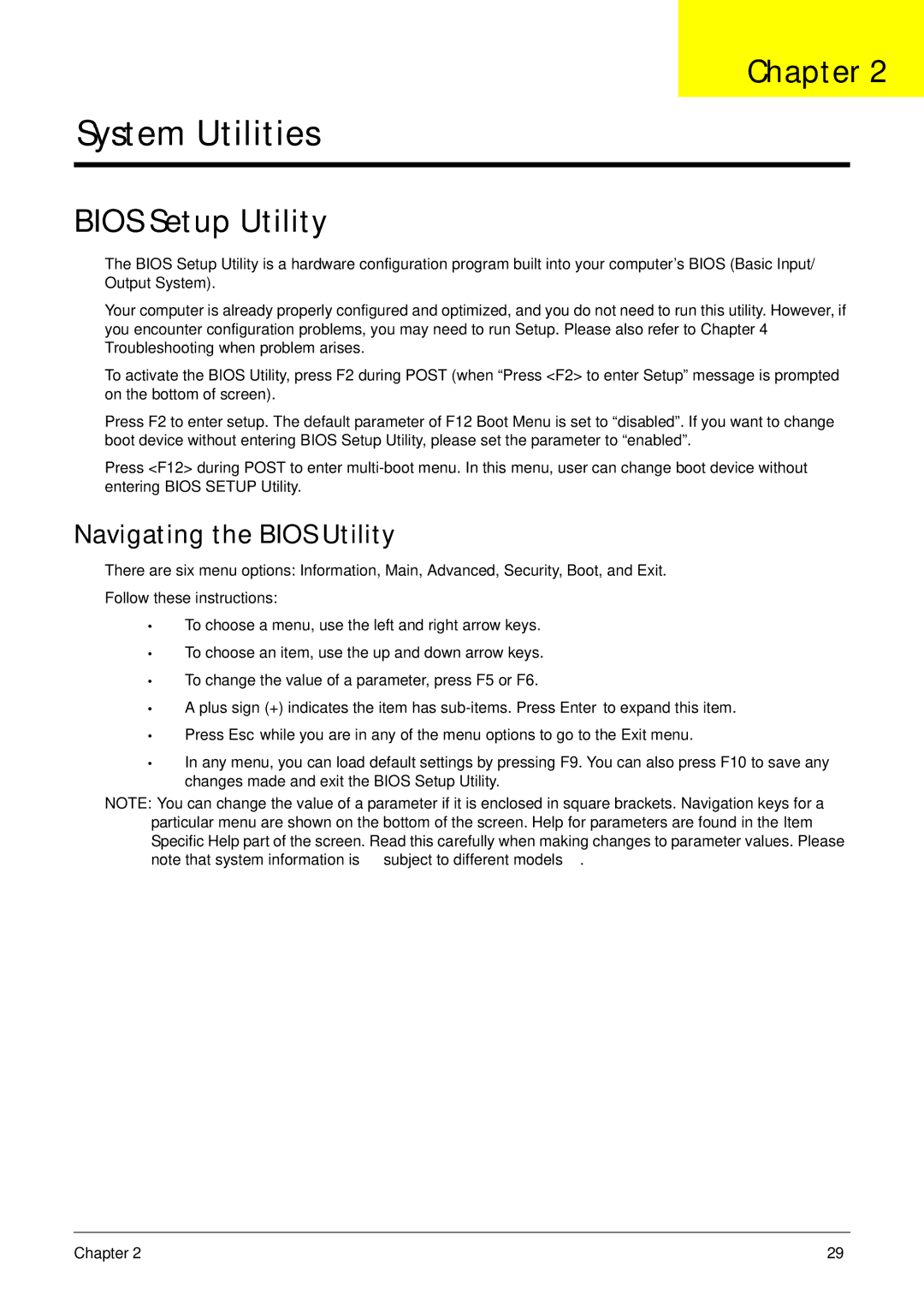 Acer 4230 manual Bios Setup Utility, Navigating the Bios Utility 