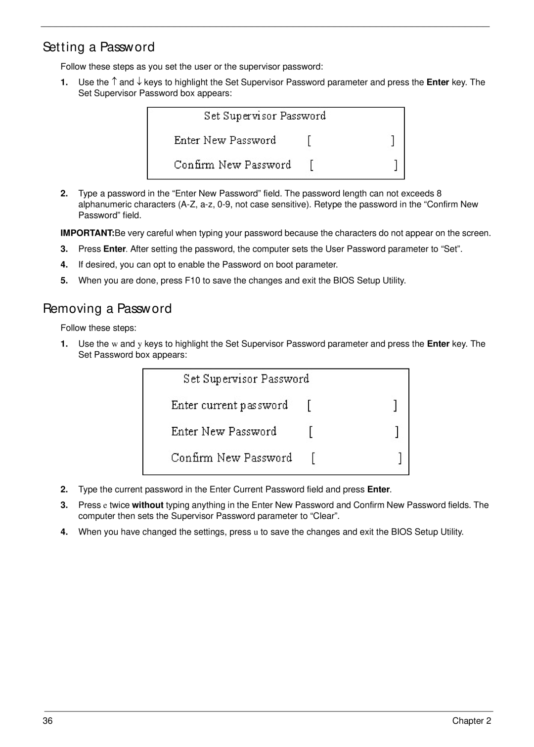 Acer 4230 manual Setting a Password, Removing a Password 